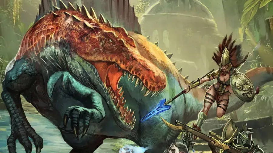 Cover art for a tabletop RPG showing a large, armored dinosaur-like creature attacking three armored adventurers near rocky ruins. One adventurer wields a spear, another a sword, and a third holds a glowing orb.