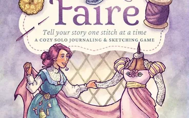 Stitchery Faire, Tell your story one stitch at a time, thimble, spool, woman sewing a dress.