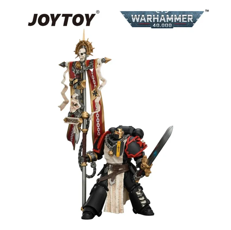 Two action figures from the Warhammer 40,000 series. The figure on the left is a skeletal warrior with a spiked crown, holding a large polearm with a banner featuring a skull and chains. The figure on the right is a space marine in black and red armor, holding a large sword. The background is white. Text at the top reads "JOYTOY" and "WARHAMMER 40,000".