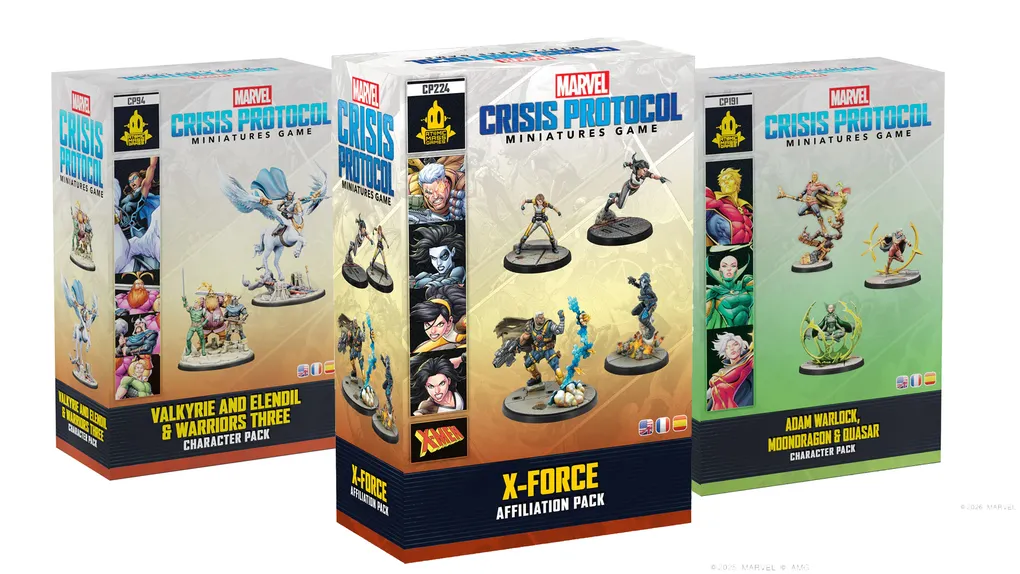 Three boxes of the "Marvel Crisis Protocol Miniatures Game" are displayed. The central box features the "X-Force Affiliation Pack," showcasing miniatures of characters like Cable and Domino, with vibrant colors and dynamic poses. The other two boxes on either side include "Adam Warlock & Moondragon" and "X-23," each adorned with artwork of their respective characters and game branding.