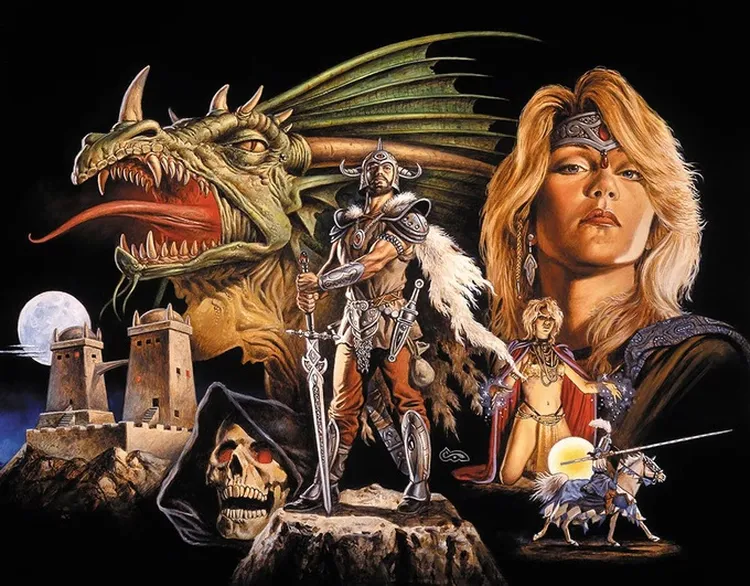 A dynamic fantasy illustration features a fierce green dragon with prominent teeth and large wings, set against a dark background. In the foreground, a muscular warrior clad in armor holds a sword, flanked by a powerful female character with long blonde hair and a regal outfit. Additional elements include a skull, two stone towers, and a knight on horseback, all contributing to a rich tapestry of adventure and heroism.