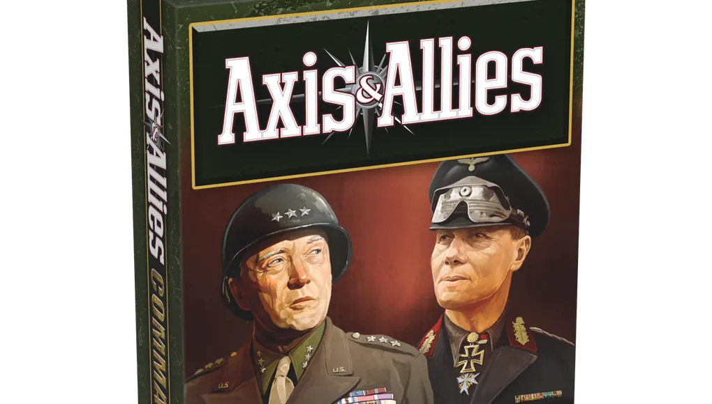 A box for "Axis & Allies: Commanders" features a striking illustration of two historical military leaders. On the left, a U.S. General in a uniform adorned with medals and a helmet, and on the right, a German Field Marshal in a dark uniform with distinctive insignia. The title "Axis & Allies" is prominently displayed at the top, with "COMMANDERS" in bold gold letters at the bottom, and a small age recommendation of "14+" in the lower corner. The background is a gradient of warm colors, enhancing the dramatic presentation.