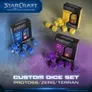 Three open dice sets: yellow, blue, and purple, each with six dice. Two open boxes labeled "StarCraft Tabletop Miniatures Game" with faction symbols—Protoss, Zerg, Terran. Text reads: "CUSTOM DICE SET PROTOSS/ZERG/TERRAN."