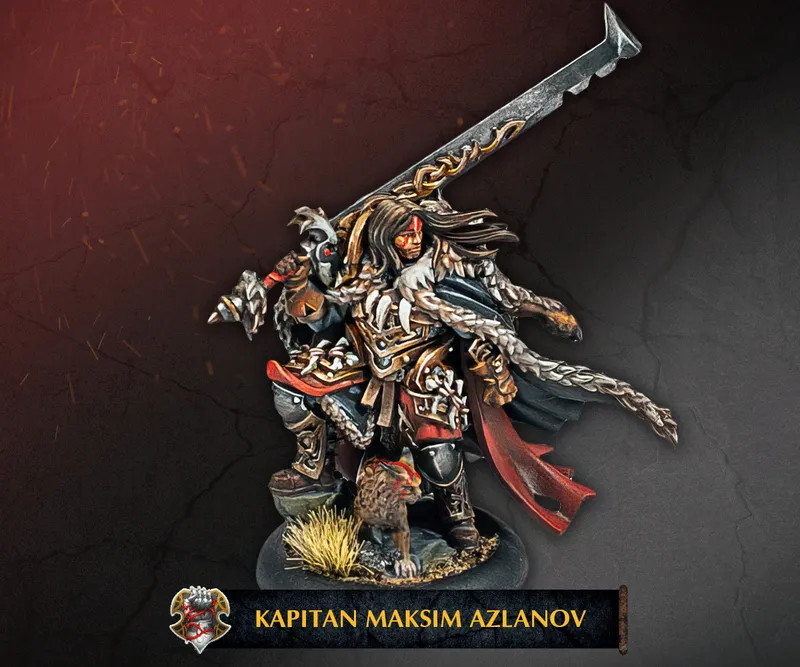 Kapitan Maksim Azlanov stands prominently, wielding a large, intricately designed sword with a decorative hilt. He is clad in dark, rugged armor adorned with various details, including a fur-lined cape and numerous pouches. At his feet, a small, fierce-looking wolf companion adds to his imposing presence, while the background features a dark, textured surface that enhances the character's menacing aura. The name "KAPITAN MAKSIM AZLANOV" is displayed prominently at the bottom.