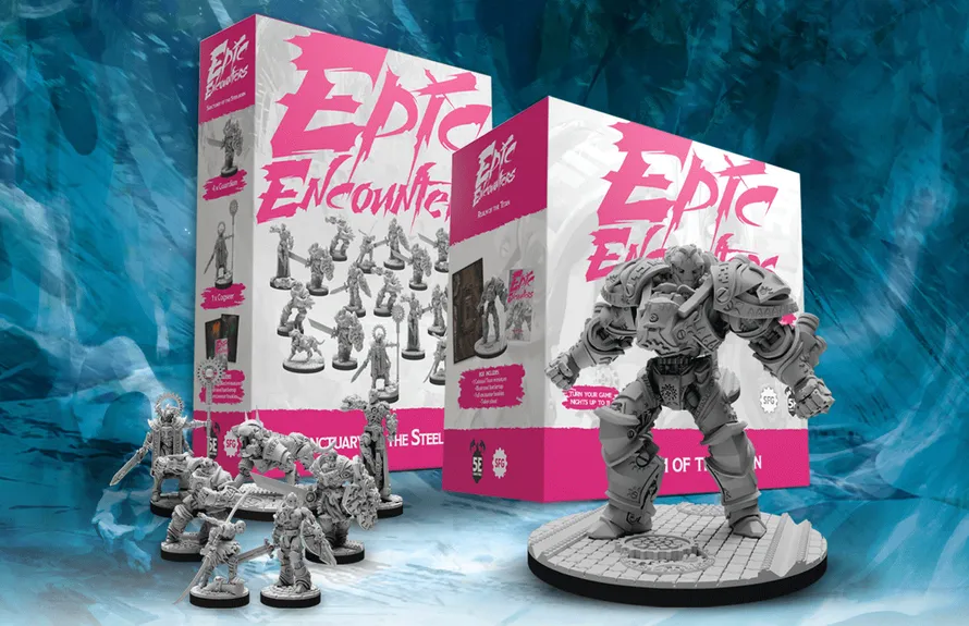 Two boxes of "Epic Encounters" from Steamforged Games are prominently displayed against a blue background. The left box, titled "Sanctuary of the Steelborn," features a variety of detailed miniatures, including humanoid figures and mechanical constructs. The right box, labeled "Realm of the Titan," showcases a large, intricately designed mechanical monster on a circular base, emphasizing the adventure's epic scale.