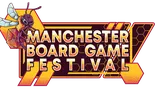 A vibrant logo for the Manchester Board Game Festival features a stylized bee holding a red dice, set against a geometric background of yellow and maroon. The text "MANCHESTER BOARD GAME FESTIVAL" is prominently displayed in bold, white letters, with a dynamic design that includes hexagonal shapes and lines. The overall aesthetic conveys a fun and energetic atmosphere, suitable for a board game event.
