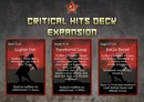 A weathered metal background with a red star emblem at the top. The text "CRITICAL HITS DECK EXPANSION" is displayed prominently in gold block letters. Below are three vertical cards with red borders and dark backgrounds. The left card is partially visible with the text "Lights Out" and "0 Cover and 0 until the end of this Turn." The middle card is titled "Chest (4-9) Punctured Lung" with text: "Suffer 1 Treated Wound now, and 1 Treated Wound in the next two Turns each until a Successful Heal is made. The Heal result only cancels this effect, and does not Heal any Wounds suffered. Hostile suffers an additional +1 EKIA." The right card is titled "Legs (17-20) Ankle Bone" with text: "Suffer 2 Treated Wounds and Reduce Movement by 1 for the rest of the mission. Movement cannot be increased below 1. Gain +1/-2 to the next Defeat Combat Attack roll."