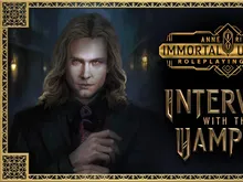 A man with long brown hair, pale skin, and a serious expression, wearing a dark suit jacket, purple tie, and white shirt. Dark, ornate background with partial text reading "IMMORTAL" and "Renegade Game Studios" logo.
