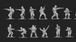 A collection of 28mm scale miniatures representing American soldiers from World War II is displayed, featuring various poses and stances. The figures include Airborne paratroopers, Rangers, and other military personnel, all intricately detailed and rendered in a metallic finish. The arrangement showcases multiple soldiers aiming weapons, gesturing, and preparing for action, highlighting the diversity of the U.S. armed forces during the 1944 campaign to liberate France.