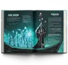 A two-page spread from a tabletop RPG book features a dark, eerie illustration of ghostly figures, referred to as "Lost Souls," drifting in a spectral manner. The left page describes these spirits, detailing their characteristics and desires, while the right page introduces "Charon," a skeletal figure with three skulls, who serves as the ferryman. The text is presented in a stylized font, with a color palette dominated by shades of teal and black, enhancing the haunting atmosphere of the scene.