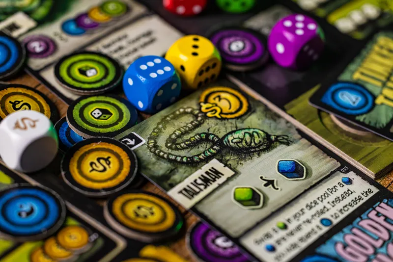 Ancient Terrible Things: Reawakened Close up of cards, dice and tokens