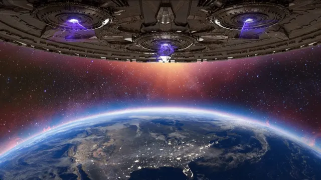 A large, futuristic alien spacecraft hovers above Earth, with intricate mechanical details visible on its underside. Below, the planet's surface is illuminated by city lights, showcasing a mix of land and water, while the atmosphere transitions from blue to a vibrant gradient of orange and purple in the background. The scene conveys a sense of impending conflict, emphasizing the tension between Earth and its alien invaders.