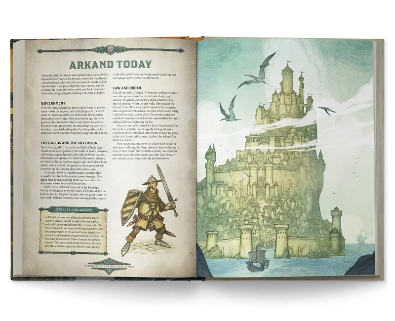 Open book showing illustrated fantasy city on a cliff with flying birds, a castle, and a warrior with sword and shield.