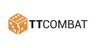 The image features the TT Combat logo, which consists of the letters "TT" in bold black font next to the word "COMBAT" in a similar style. An orange die with white dots is positioned to the left of the text, adding a playful element to the design. The overall look is clean and modern, reflecting the brand's focus on tabletop gaming.