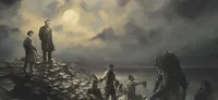 Three men on rocky shore, one holding a fish, large creature emerging from water, cloudy sky.