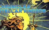 "Chronicles of the Stellar Kingdom" title, woman with long hair, sword, and cosmic background.