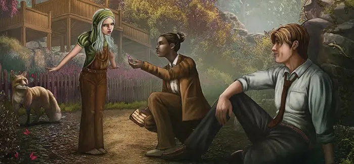 A young woman with light blue hair and a green headscarf stands on a dirt path, wearing overalls. She faces a crouching woman in a brown suit, white shirt, and black shoes, who holds a small pink object in her hand. Behind them, a wooden structure with a balcony is partially visible, surrounded by lush greenery and trees. To the right, a person in a light blue shirt and dark pants sits with their back turned. The scene is set in a forested, outdoor environment.