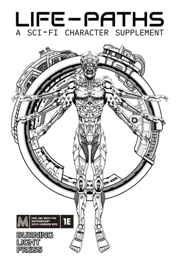 A detailed black-and-white line drawing of a humanoid figure with a skeletal, cybernetic appearance. The figure stands front-facing within a circular frame resembling a mechanical or technological structure. Its body combines organic bone and muscle with mechanical components: exposed ribs, spine, and limbs are interwoven with pipes, gears, and robotic joints. The head is skull-like with hollow eye sockets and a gaping mouth. The arms extend outward, ending in clawed hands, while the legs are positioned apart, anchored to the circular base by mechanical supports. At the bottom of the image, inside a black rectangular box, white text reads: "FOR USE WITH THE MOTHERSHIP 1E".