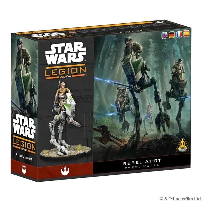 Star Wars Legion Rebel AT-RT box with miniatures and forest battle scene