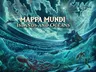 A stylized illustration of a cosmic ocean scene with swirling waves, glowing clouds, and a bright star in the sky. A large whale-like creature arcs through the water, and a tentacled sea monster is visible below. A robed figure with long hair stands on a rocky outcrop, holding a staff. The text "MAPPA MUNDI Islands and Oceans" is prominently displayed at the top.