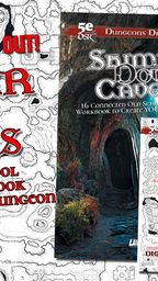 A promotional graphic for the "Shimmerdown Caverns" Kickstarter campaign features a detailed, hand-drawn dungeon map in the background, showcasing various interconnected areas. The foreground displays bold, stylized text announcing "Shimmer Down Caverns" and emphasizing "16 Connected Old School Dungeon Maps & Workbook to Create YOUR Ultimate Dungeon." A smaller section encourages viewers to support the campaign on Kickstarter, with a visual of a cave entrance on the right side.