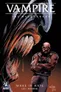 Muscular bald man with tattoos and a leather vest, large bat-like creature behind him.