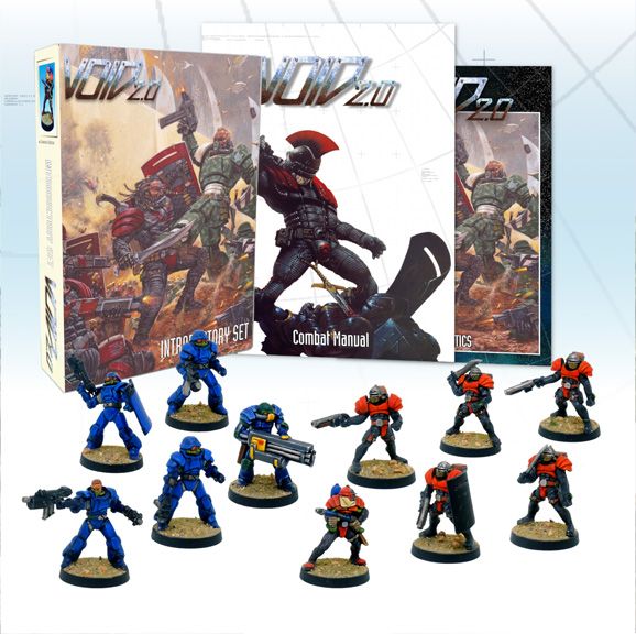 A collection of miniatures and rulebooks for the sci-fi tabletop game Void 2.0 is displayed. In the foreground, there are 12 painted miniatures: four blue Viridian Interdict Marines, one blue Viridian Assault Marine with a heavy machine gun, six red Junkers Convict Legionaries, and one red Junker Legionary with a flamethrower. In the background, three rulebooks are visible, including the "INTRODUCTORY SET," "Combat Manual," and "Squad Tactics," all featuring dynamic artwork.
