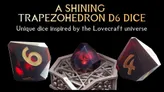 Red gem dice with "4" visible, ornate metal holder, text "A SHINING MEZOHEDRON D6 DICE" and "inspired by the Lovecraft universe"