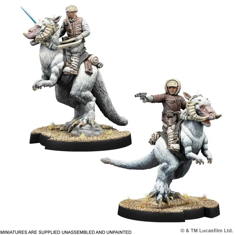 A pair of detailed miniatures depict Rebel Alliance soldiers riding Tauntauns, set against a simple base. The first figure, on the left, features a rider in a tan and gray uniform, holding a blaster, while the Tauntaun is predominantly white with a light gray saddle. The second figure, on the right, shows another soldier in a similar uniform, also mounted on a Tauntaun, which has a more dynamic pose. Both miniatures are unassembled and unpainted, showcasing intricate details in their design.
