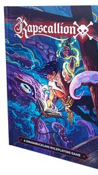 A vibrant RPG book titled "Rapscallion" features an illustration of a character with flowing hair, dressed in a white shirt and colorful accessories, holding an open book while being surrounded by swirling blue waters and an octopus. The background includes hints of a ship's structure, enhancing the nautical theme. The cover prominently displays the text "A Swashbuckling Roleplaying Game" along with a skull and crossbones emblem.