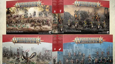 Four open box sets for Warhammer Age of Sigmar Battleforce collections. Top left: "Destruction Host" with armored warriors and a fortress under siege. Top right: "Grünta Stampede" featuring orcs and goblins charging. Bottom left: "Hammerhal" with a dragon and warriors in a snowy landscape.