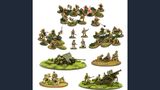 The image showcases a collection of Imperial Japanese miniatures from Warlord Games' new 'Revere the Emperor' bundle. It features 30 multi-pose plastic infantry figures, positioned in various stances, along with a 47mm light anti-tank gun and a Type 91 105mm medium howitzer, each displayed on grassy bases. Additionally, there are teams for a medium machine gun and a heavy mortar, all set against a white background, highlighting the detailed sculpting and painting of the miniatures.