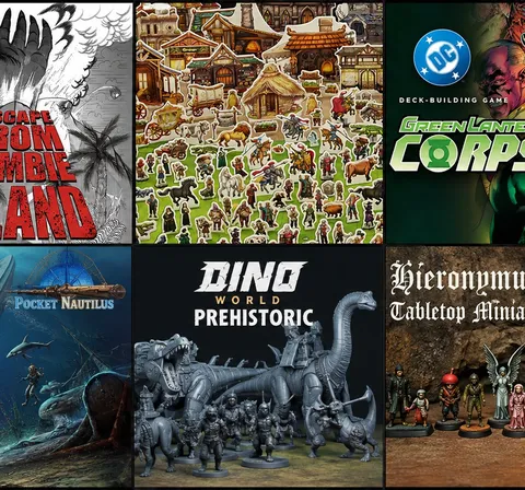 Six tabletop game covers: Zombicide, village scene, Green Lantern, Dino World, Pocket Nautilus, Hieronym.