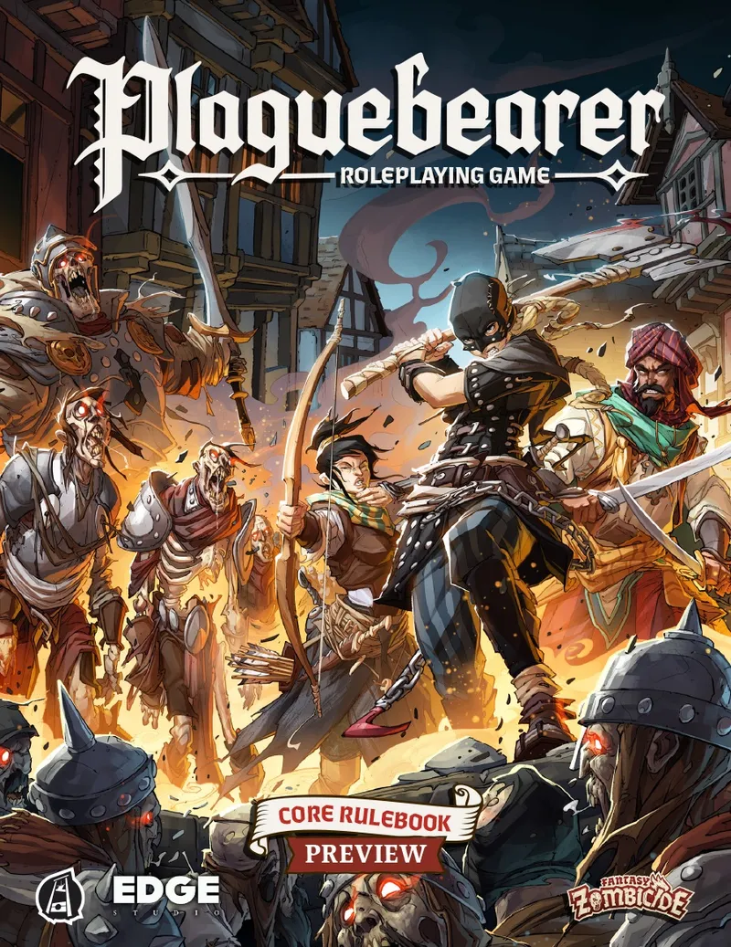 A dynamic illustration depicts a fierce battle scene from Zombicide: Dead Men Tales, featuring a group of diverse characters, including a masked warrior wielding a weapon, an archer, and a pirate, all facing off against a horde of undead zombies. The background showcases a chaotic environment with flames and debris, emphasizing the intensity of the conflict. Prominent text at the bottom reads "CORE RULEBOOK PREVIEW," indicating this is a preview for the game's rulebook.