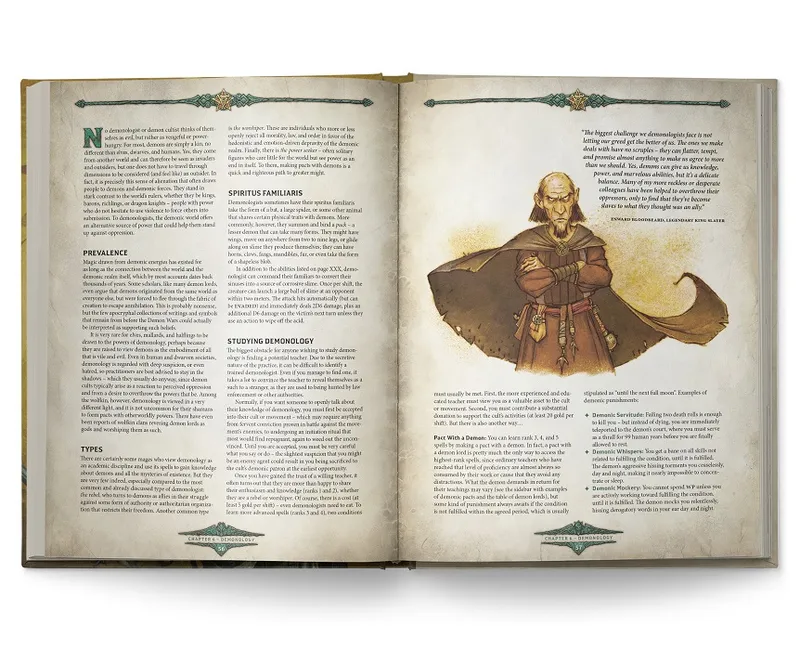Open book with text and illustration of a cloaked, elderly man with a staff.