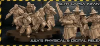 Five miniatures in futuristic Korean-inspired armor holding rifles, text "SCI-FI GAPSA JULY'S PHYSICAL & DIGI"