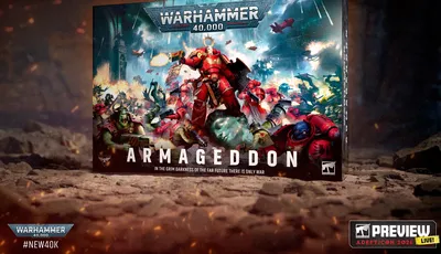 A dynamic box cover for "Warhammer 40,000: Armageddon" features a fierce battle scene between Space Marines and Orks. Prominent in the foreground is a red-armored Space Marine wielding a bolter, while various Ork figures are depicted in aggressive poses. The title "ARMAGEDDON" is displayed boldly at the bottom, accompanied by the tagline "In the grim darkness of the far future there is only war."