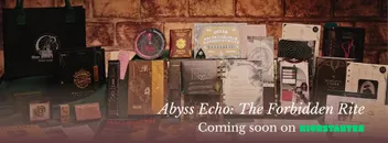 A collection of various themed props and materials is displayed on a dark surface, showcasing the upcoming Kickstarter project "Abyss Echo: The Forbidden Rite." The assortment includes intricately designed books, sealed letters, and occult artifacts, all contributing to a mysterious atmosphere. The text "Abyss Echo: The Forbidden Rite" and "Coming soon on KICKSTARTER" is prominently featured, inviting players to engage in a chilling Cthulhu Mythos adventure.