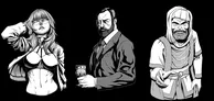 Two black and white illustrations feature distinct characters against a solid black background. On the left, a stern-looking man in a formal suit holds a small object in his left hand, his expression serious and contemplative. On the right, a bearded man in a simpler, more casual outfit gestures with an outstretched hand, displaying a wide, somewhat mischievous grin.