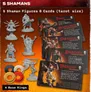 Five gray shaman miniatures, five tarot-sized cards, and four colored rings on orange background.