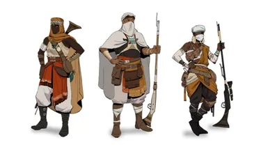 Three characters from the Zarioo roleplaying game are depicted, each showcasing unique attire and weaponry. The character on the left wears a dark cloak with intricate patterns and holds a horn, while the central figure is dressed in layered clothing with a white scarf and carries a rifle. The character on the right is adorned in a mix of brown and orange garments, also wielding a rifle, with a confident stance. Each character reflects the game's blend of steampunk and African-inspired aesthetics.