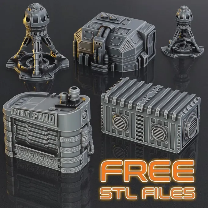 A collection of 3D printable sci-fi terrain pieces is displayed on a dark surface, featuring various structures including a tall, cylindrical tower, a compact building labeled "HOT FOOD," and two rectangular containers with detailed textures and mechanical features. The pieces are designed with a grimdark aesthetic, showcasing intricate details like pipes and vents. The text "FREE STL FILES" is prominently featured in bright orange, emphasizing the availability of these models for wargaming and RPGs.