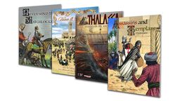 A collection of four wargaming rule booklets is displayed, showcasing their colorful covers. From left to right, the titles include "Never Mind the Matchlocks," featuring a knight and soldiers, "Valour & Fortitude," depicting a large battle scene, "Thalassa," illustrating an ancient naval battle with a ship, and "Assassins and Templars," which features characters in a historical setting. Each booklet is designed to cater to different gaming themes, from the English Civil War to Napoleonic battles and ancient naval warfare.