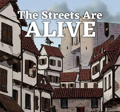 Medieval street with people, horse, and buildings. Text: A Fantasy City Street Generator