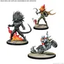 Three unpainted miniatures on bases: a muscular figure with spiked hair, red flames, and a broken sword; a green-skinned character with fiery hair, a scythe, and a small red creature; a helmeted rider on a motorcycle with a robotic dog.