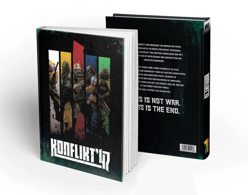 A new edition of the Konflikt ‘47 rulebook is prominently displayed, featuring a colorful cover with stylized illustrations of various soldiers in a lineup against a dark background. The spine of the book is visible, showcasing the title "Konflikt '47" along with additional design elements. The back cover includes text that hints at the game's themes, emphasizing the blend of warfare and supernatural elements.