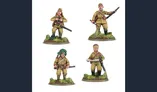 The image features four Imperial Japanese army miniatures from Warlord Games, each standing on a grassy base. The figures are dressed in khaki uniforms typical of the era, with distinct details such as caps and various weapons. One soldier is equipped with a rifle, another holds a sword, while a third has a bushy camouflage covering on his head. The fourth figure appears to be holding a map or document, showcasing a variety of poses and expressions that reflect their military roles.