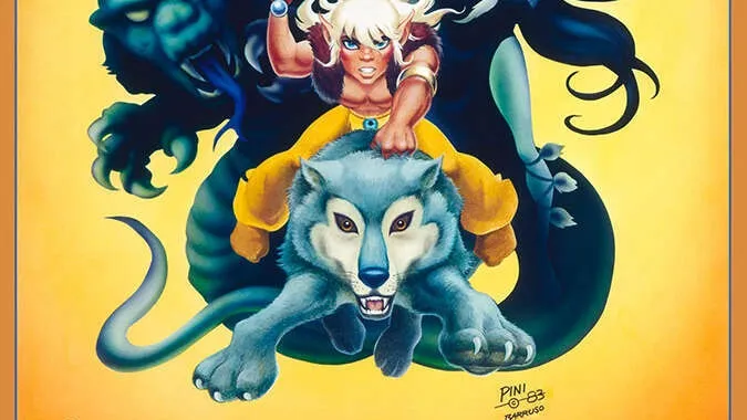 The cover of the ElfQuest roleplaying game box. At the top, the title "ElfQuest" is in large blue stylized letters, with the subtitle "The Official Roleplaying Game" beneath it in smaller black text. In the center, a blonde elf with pointed ears and a yellow outfit holds a dagger, standing on the back of a gray wolf with its mouth open. Behind them, a large blue panther-like creature looms, and a blue-skinned figure with long black hair and a white outfit is partially visible. The background is a gradient of yellow and orange. In the bottom right corner, the text "Pini 83" is visible.