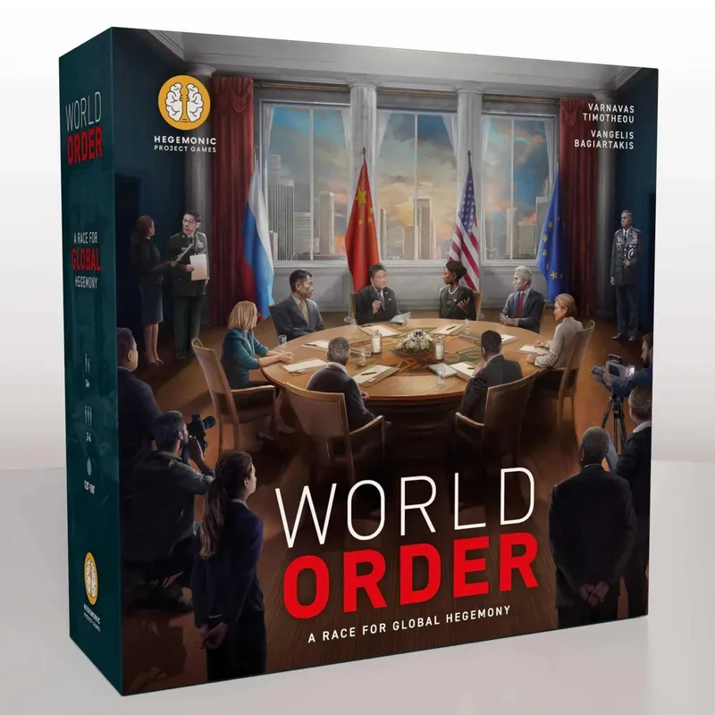 World Order board game box with leaders at a round table, flags, and city skyline through windows.
