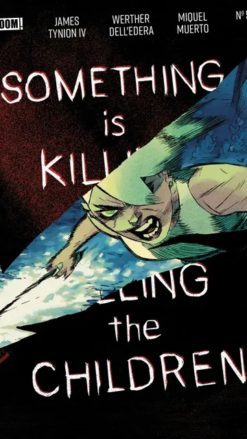 A green-skinned character with sharp teeth and a menacing expression, holding a blue object resembling a broken wing or blade. White and red text reads: "SOMETHING IS KILLING" with "BOOM!" logo top-left, "James Tynion IV, Werther Dell’Edera, Miquel Muerto" names top-center, and "Nº 50" top-right.